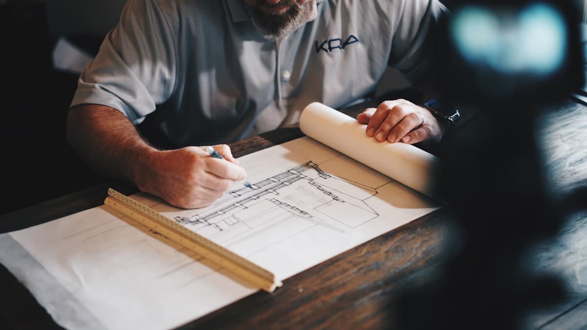 Man tekent bouwtekening voor verbouwing